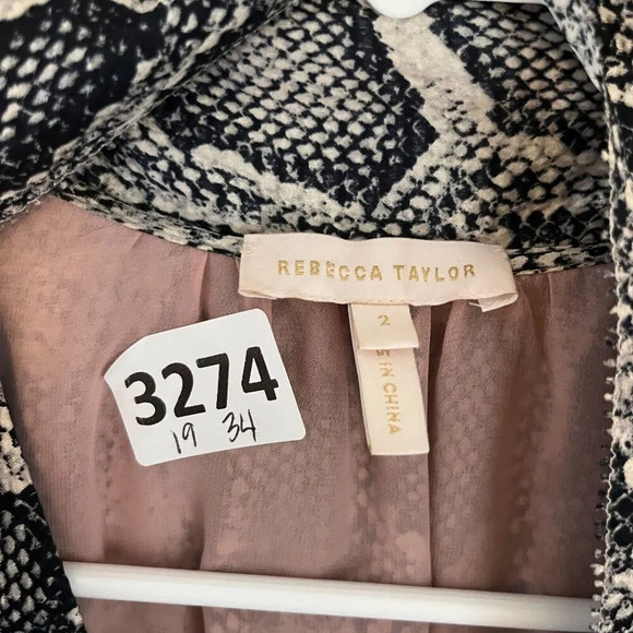 Rebecca Taylor Womens Black Gray Shift Dress 2 Long Sleeve Tie Neck Snake Print - Picture 3 of 13